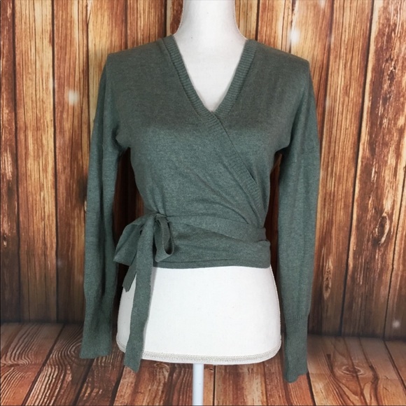 Ruby Moon Boho Cropped Tie Wrap V-neck Crop Top Green/Gray Size Small Wool Blend - Picture 11 of 14
